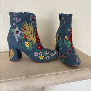 Denim Floral Embroidered Boots